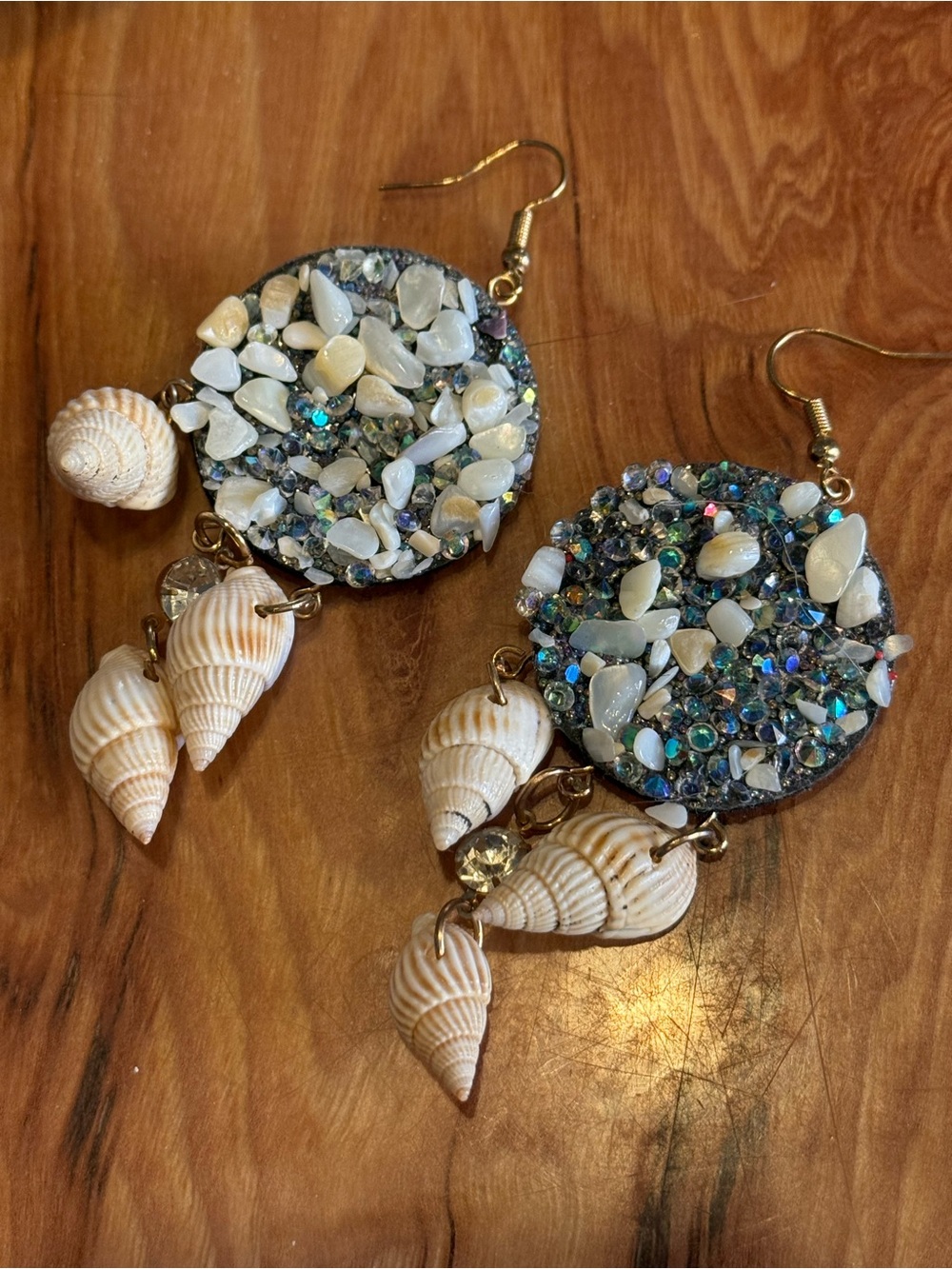 Handmade Seashell and Iridescent Crystal Drop Earrings